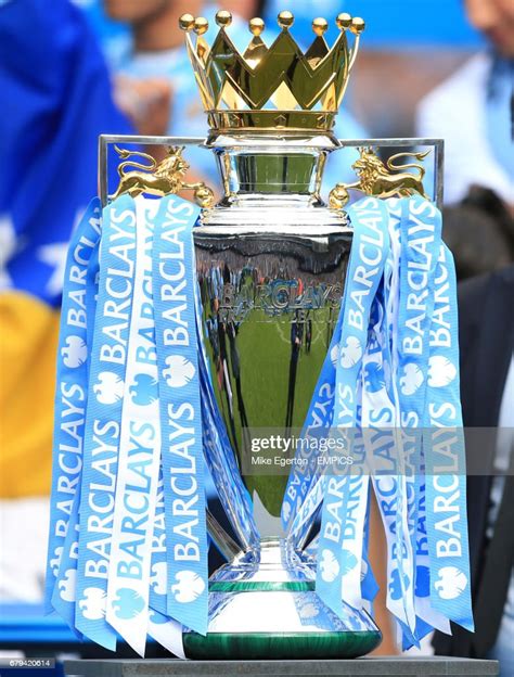 Manchester Citys Ribbons Hang On The Premier League Trophy News Photo