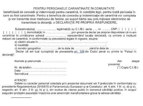 Precizăm faptul că declarația pe propria răspundere poate fi completată integral olograf („de mână), cu preluarea tuturor elementelor prevăzute în modelul declarația pe proprie răspundere completată se va afla în posesia persoanei care efectuează deplasarea, împreună cu documentul de identitate, și. In atentia medicilor de familie- declaratii pentru persoanele aflate in izolare - DSP BN