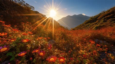 Sunbeam Shines Over Mountain Flowers During Sunrise Background Autumn
