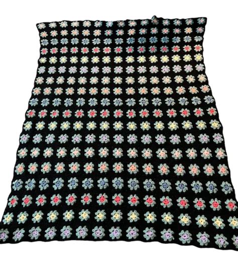 Granny Square Crochet Floral X Afghan Blanket Throw Black