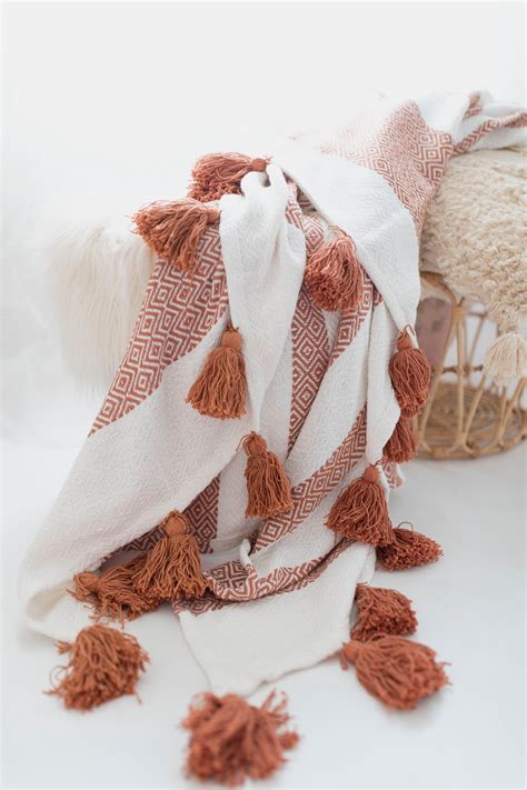 Woven Cotton Throw Blanket With Tassels Tassels Blanket Rust Etsy Canada