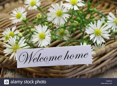 Welcome Home Card With Chamomile Flowers On Wicker Tray