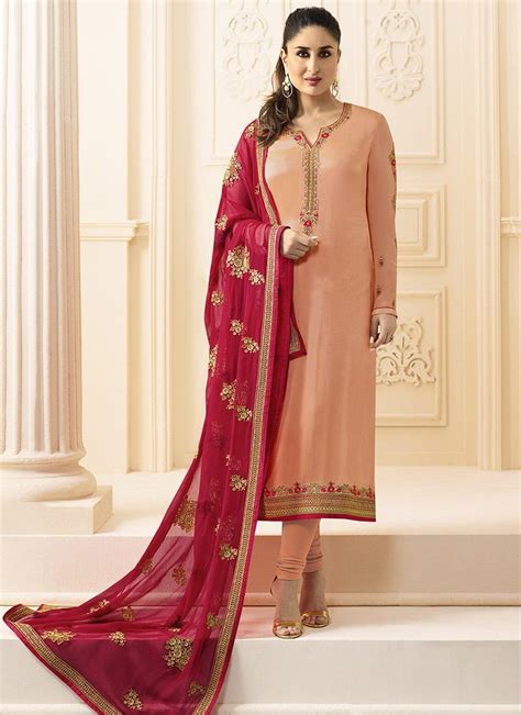 Kareena Peach Embroidered Georgette Straight Suit Bollywood Dress Fashion Designer Suits