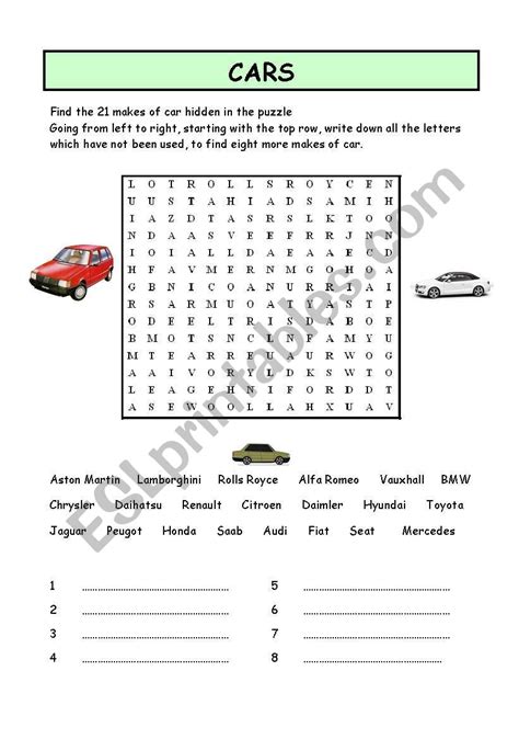 English Worksheets Cars