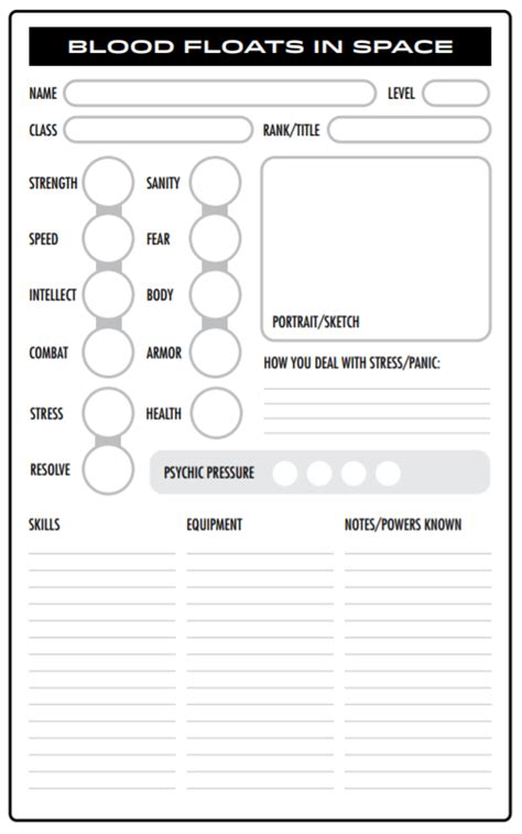 Blood Floats In Space Character Sheet Apollyon Press Wargame Vault