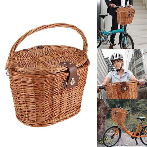 Bicycle Front Basket Wicker Picnic Basket With Lid Carry Handle
