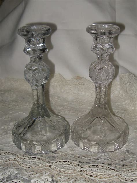 Antique Vintage Pressed Glass Candle Sticks Pair Perfectly