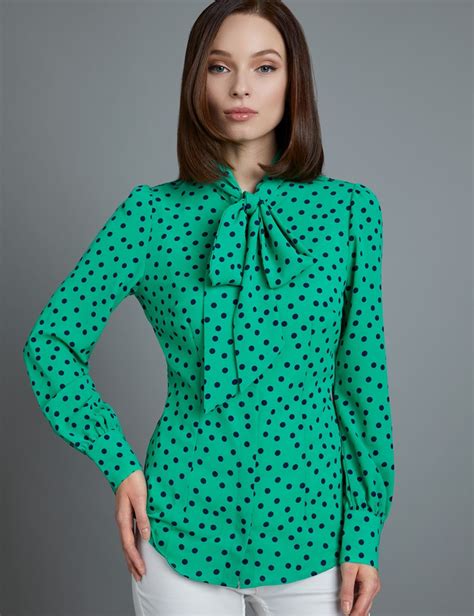 women s green and navy spot print fitted blouse single cuff pussy bow hawes and curtis