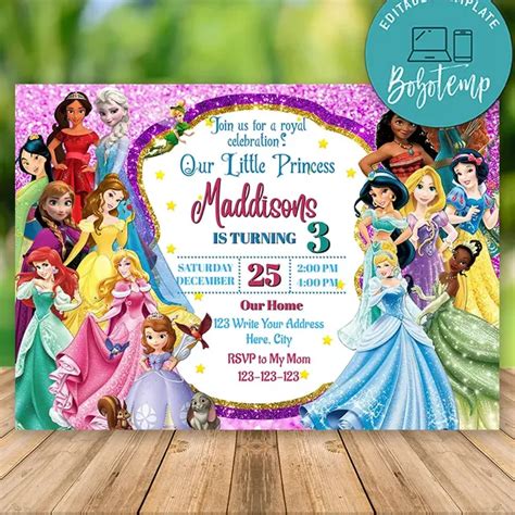 All Disney Princesses Invitation Disney Princess Birthday Invitation