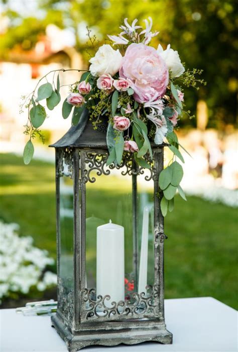 Flower Topped Lantern Wedding Reception Centepiece