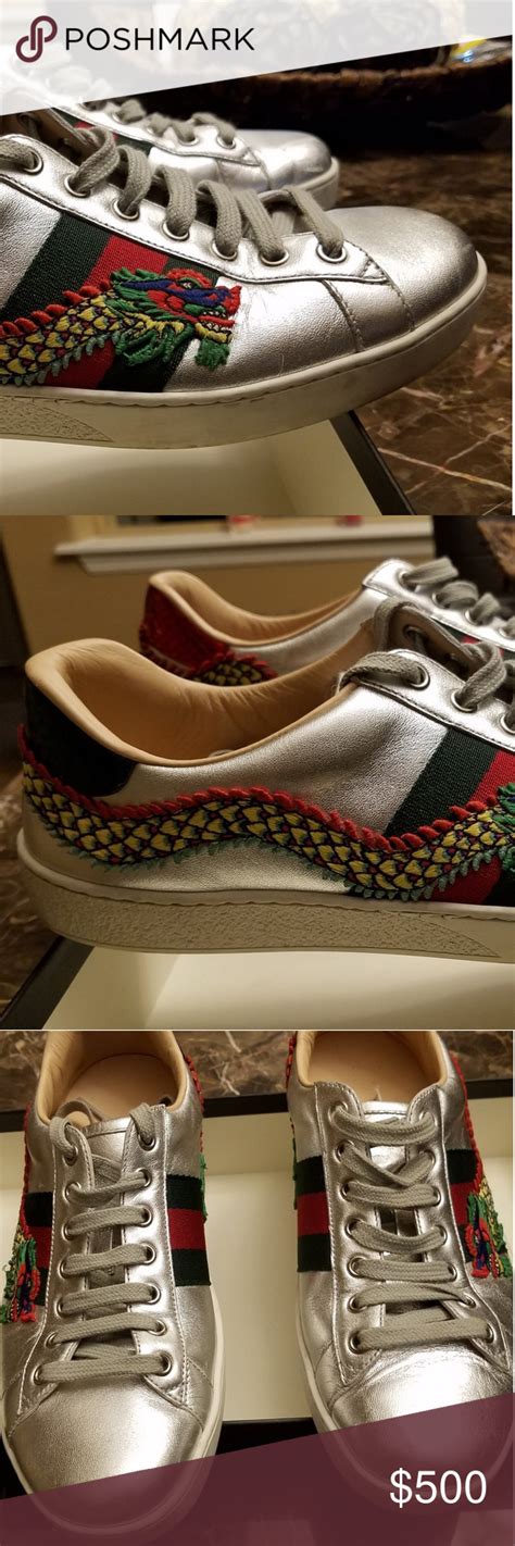 Gucci Silver Metallic Ace Dragon Sneakers Sneakers Gucci Shoes