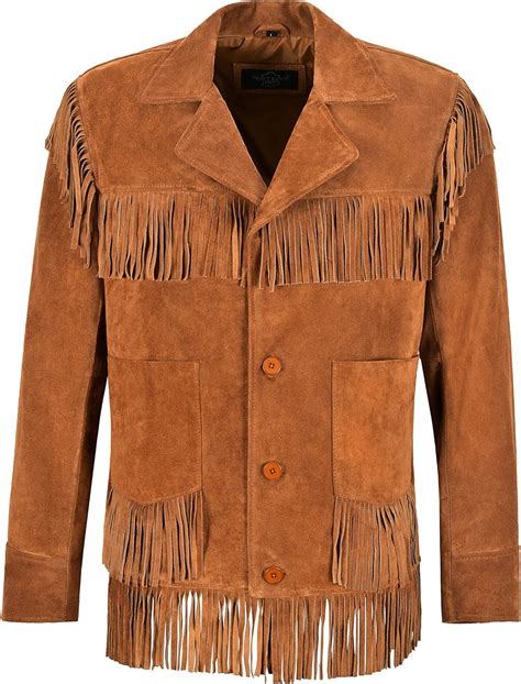 Mens Western Fringe Leather Jacket Tan Classic Fringe Real Suede Jacket