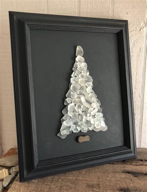 White Beach Glass Tree In Vintage Frame Sea Glass Crafts Glass Art Projects Beach Glass Art