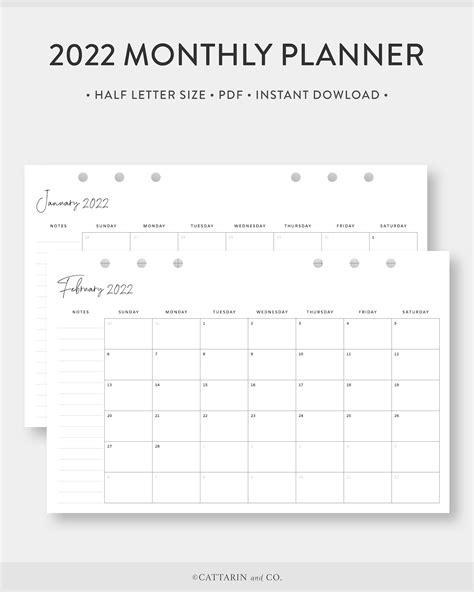 Half Letter 2022 Monthly Planner Printable Calendar Etsy Uk