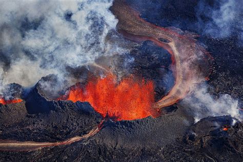 Aerial View Of The Lava Fountains And Massive Plumes Near The