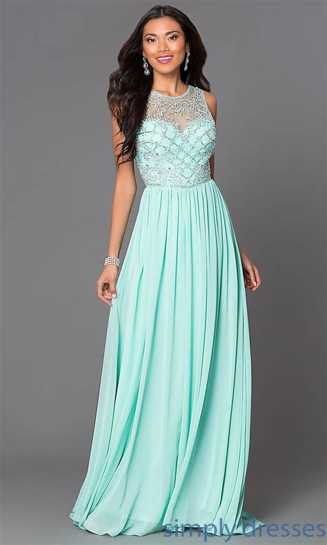 Long Beaded Formal Gown With Sleeveless Illusion Bodice Beautiful