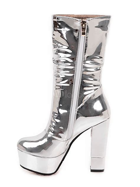 Women S Sexy Boots Silver Chunky Heel Round Toe Pearls Chains Mid Calf