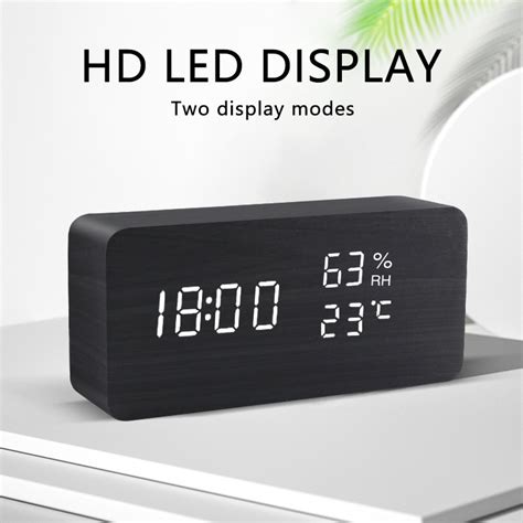 Alarm Clock Led Wooden Watch Table Voice Control Digital Wood