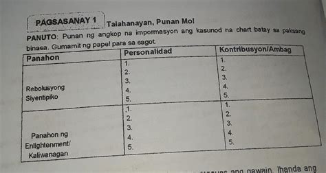 Pagsasanay 1talahanayan Punan Mopanuto Punan Ng Angkop Na