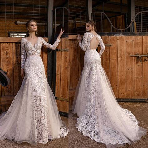 Mermaid white/ivory lace split wedding dress long sleeve v neck new bridal gowntop rated seller. Vintage Crochet Lace Mermaid Wedding Dresses With Long ...
