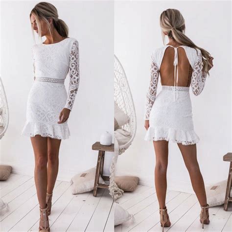 Women Bodycon Backless Lace Dress Ruffles Mini Party Dress White S