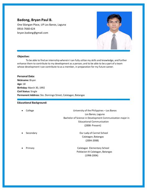 Times new roman • regular paper (white) is. format of curriculum vitae in the philippines resume in ...