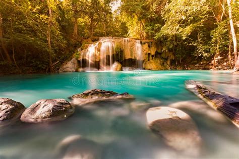 Deep Forest Over Blue Stream Waterfall Stock Image Image Of Motion