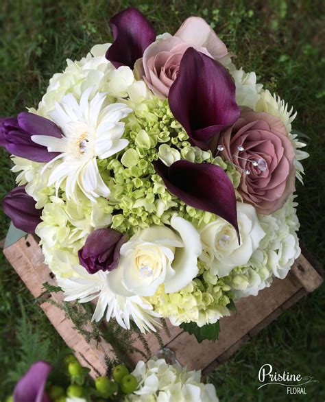 Purple White Green Bridal Bouquet Designed With Hydrangea Tulips