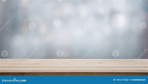 Wood Table Top On Blur Glass Window Wall Building Stock Image Image