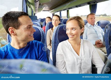 Group Of Happy Passengers In Travel Bus Stock Photo Image Of Driving