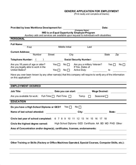 Free 11 Sample Generic Employment Application Forms In 24 Job