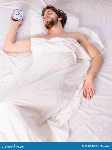 Fresh Bedclothes Concept Man Sleepy Drowsy Unshaven Bearded Face