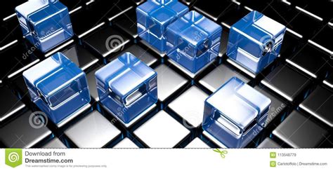 Blue Glass Cubes On Black Cubed Surface 3d Rendering Stock