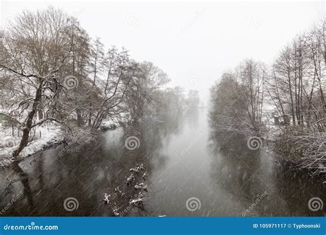 River During A Snowfall In Winter Stock Image Image Of Snowfall
