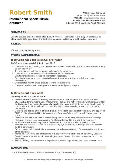 Cocurricular activities provide plenty of opportunities for such integration. Instructional Specialist Resume Samples | QwikResume