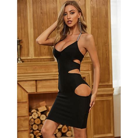 2020 Women Sexy Halter Backless Hollow Out Black Mini Bodycon Bandage Dress Summer Chic Evening