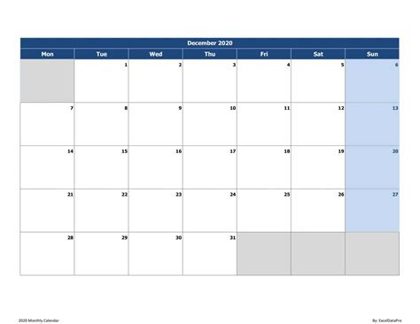 2020 Excel Calendar Spreadsheet Template Free Printable Templates