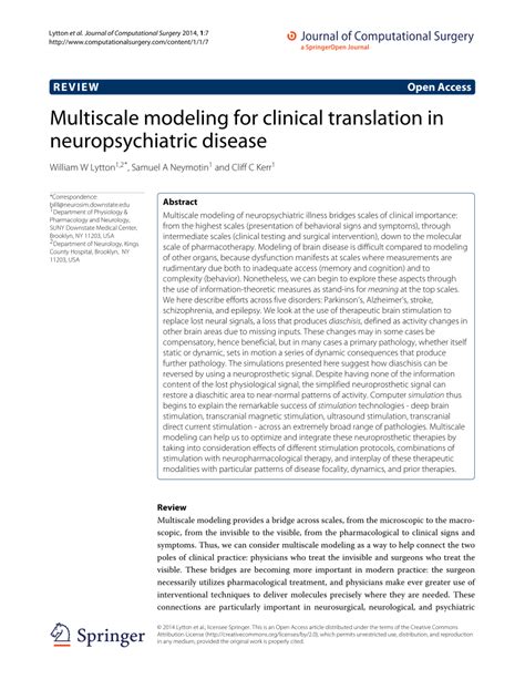 Pdf Multiscale Modeling For Clinical Translation In Neuropsychiatric Disease