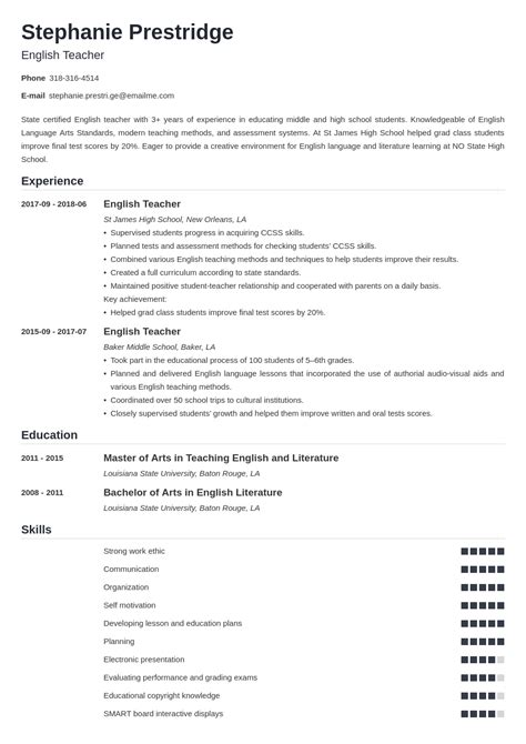 example resume for teaching position