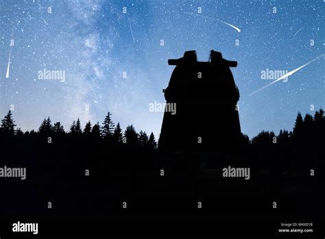 Pine Trees Silhouette Milky Way Observatory Falling Stars Stock Photo
