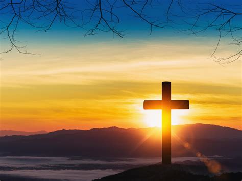 Silhouette Of Cross On Mountain Sunset Background 6696515 Stock Photo