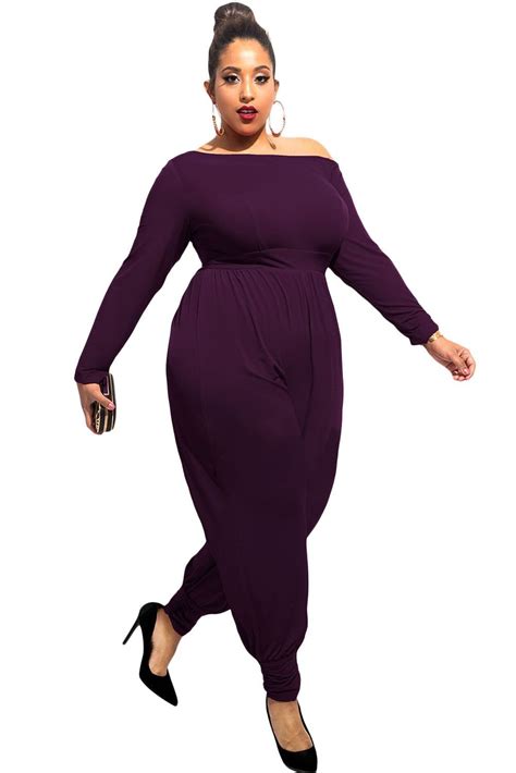 Elegance Purple Off Shoulder Long Sleeves Plumpy Plus Size Jumpsuit Laveliq Sale Fashion Plus