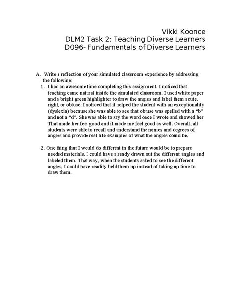 D096 Task 2 - Vikki Koonce DLM2 Task 2: Teaching Diverse Learners D096