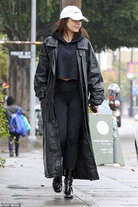 Vanessa Hudgens Dons Baggy Leather Coat As She Braves The Rain Leather Coat Outfit Stylish