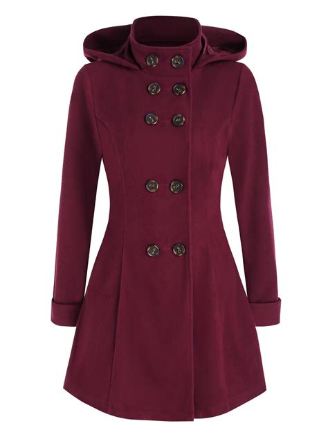 26 Off 2021 Double Breasted Hooded Wool Blend Coat In Red Wine