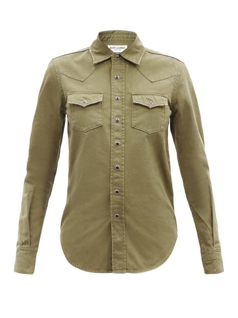 Green Patch Pocket Distressed Cotton Twill Shirt Saint Laurent