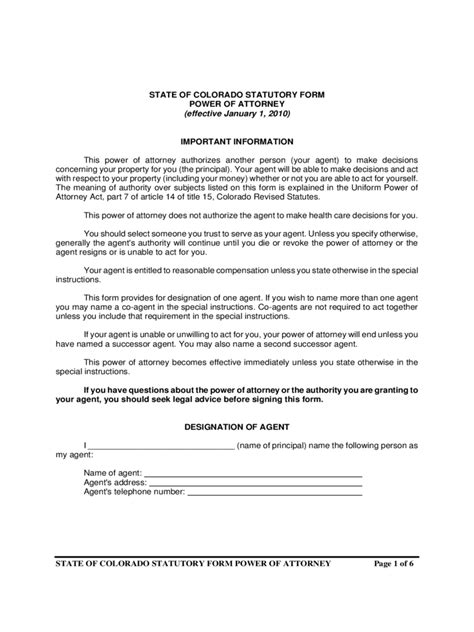 Colorado Power Of Attorney Form Free Templates In Pdf Word Excel To