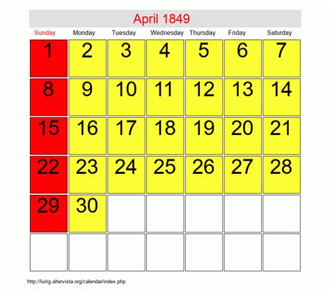 April 1849 Roman Catholic Saints Calendar