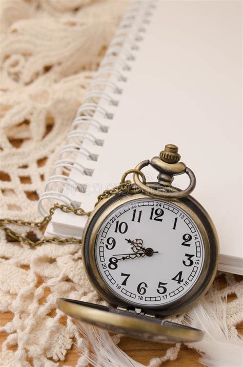 Vintage Pocket Watch With Blank Note Book On Lace Background Stock