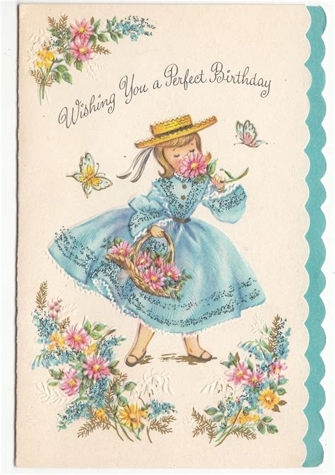 Vintage Girl With Glittered Dress Smelling Flowers Birthday Greeting Card Vintage Birthday